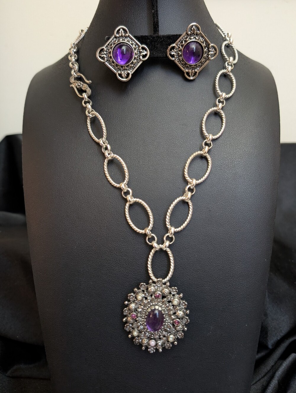 #47. Sarah Coventry Pendant/Brooch Necklace With Purple Cabochon & Earrings